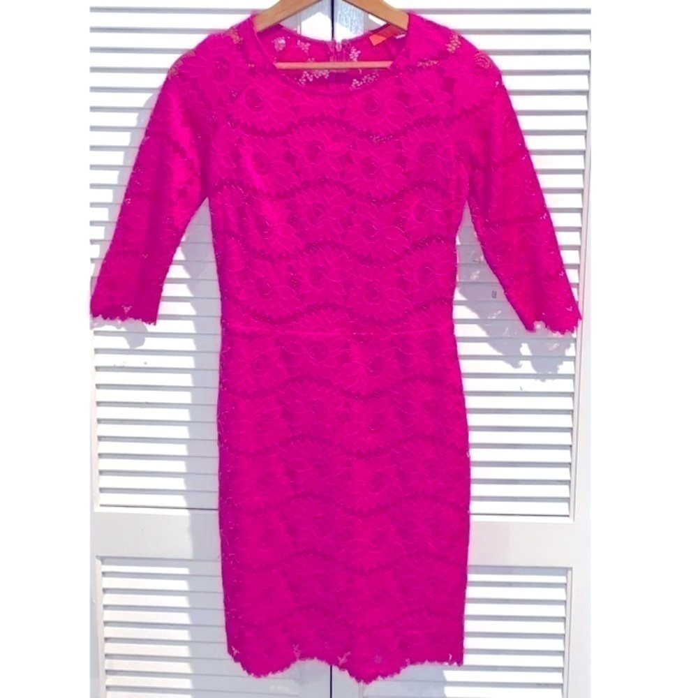 Banjul Hot Pink Mini Lace Dress with 3/4 sleeves Stretchy Small